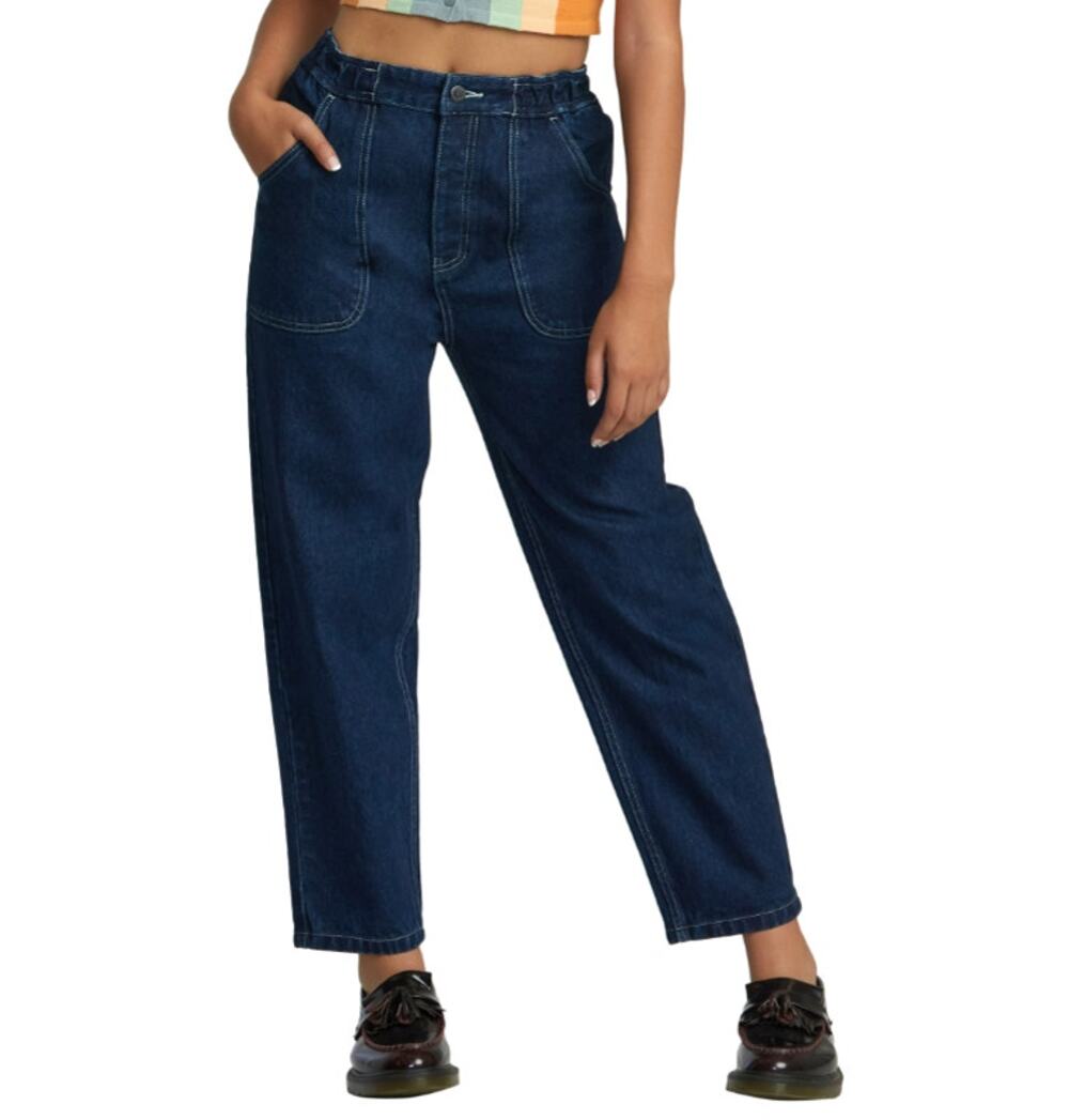 RVCA Jeans WMNS Dark Indigo Cotton High Rise Elastic Baggy Scrunchie Denim SZ S